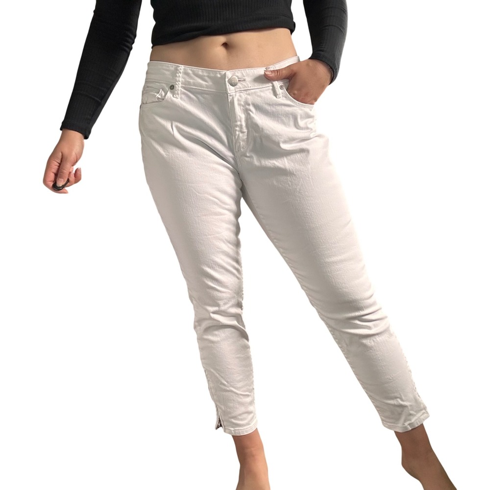 Ann Taylor Loft White Curvy Skinny Ankle Jeans Size 30/10 Side Zip Hem Pants